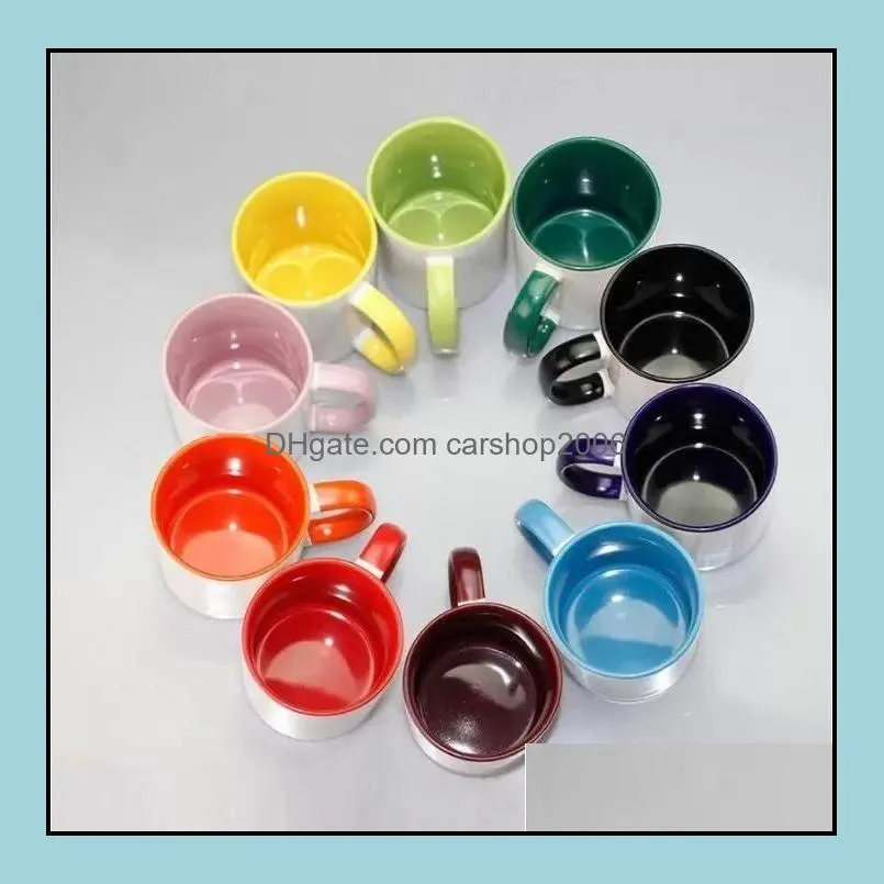 Kupalar içecek mutfak yemek bar ev bahçesi 11 oz Satış kütük süblimasyon seramik kupa renk sapı iç diy transfer ısı basın prin