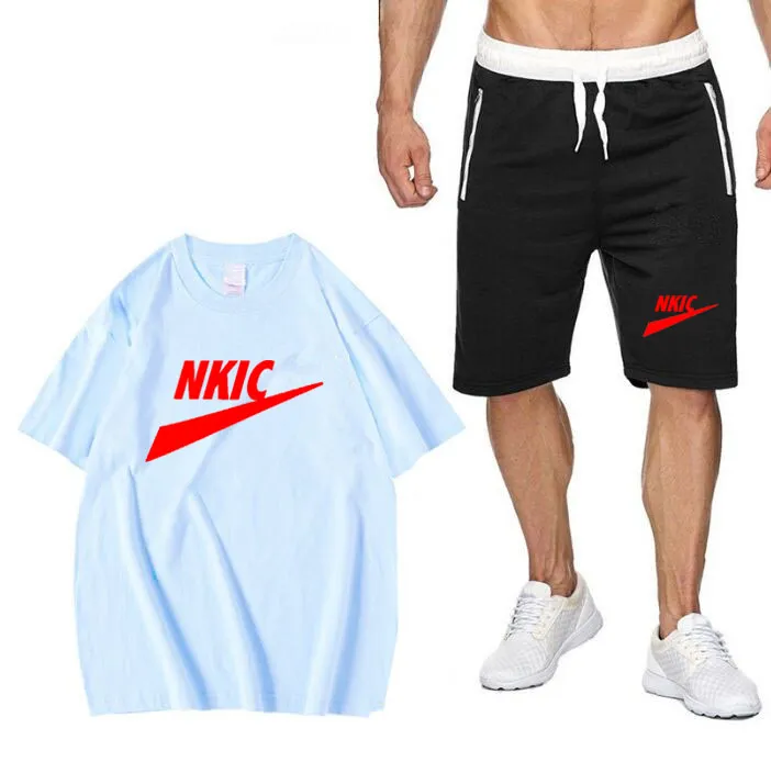 2022 جديد الرجال العلامة التجارية تي شيرت رياضية قطعتين بدلة الرجال القطن بأكمام قصيرة أبيض أسود تي شيرت + السراويل عارضة الملابس الرياضية اللياقة البدنية