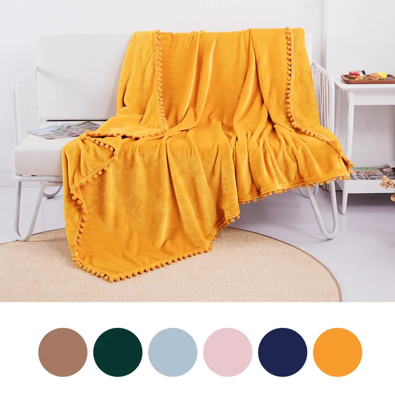 Фланелевое одеяло с Pompom Fringe Lightweight Cuse Bread Одеяло мягкое бросок одеяло диван диван подходит весь сезон 201111