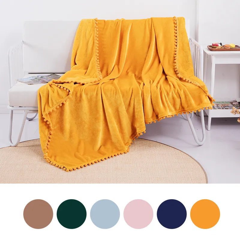 Flannel Blanket with Pompom Fringe Lightweight Cozy Bed Blanket Soft Throw Blanket fit Couch Sofa Suitable All Season 201111