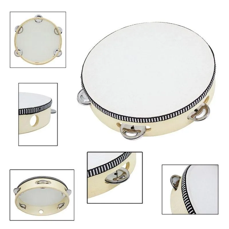 6 inches Tambourine Hand Held Tambourine Drum Bell Birch Metal Jingles Kids School Musical Toy KTV Party Percussion Toy LA367 DHL Free