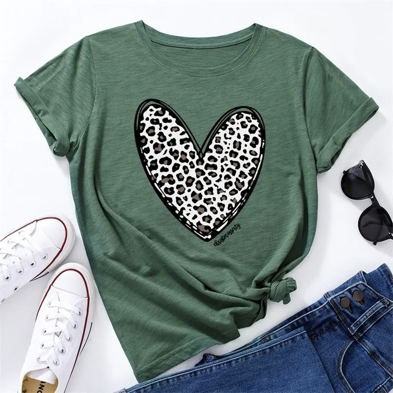 Verano Mujer Algodón 100% Camisetas Manga corta Moda Corazón Estampado de leopardo Señoras Casual Gráfico Ropa Mujer Regular Tee Tops 220321