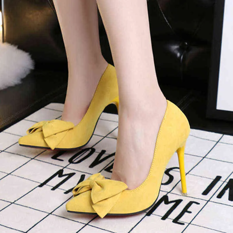Dress Shoes Fashion Stiletto High Heeled 11cm Bow Women s Pointed Pumps Heels Sexy Suede Shallow Mouth 220425