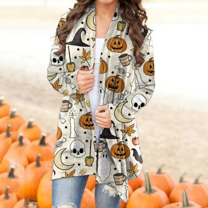 Women's Trench Coats Plus Size 2022 Cardigans Autumn And Winter Casual Long Fashion Halloween Animal Pumpkin Print Jacket Sweater