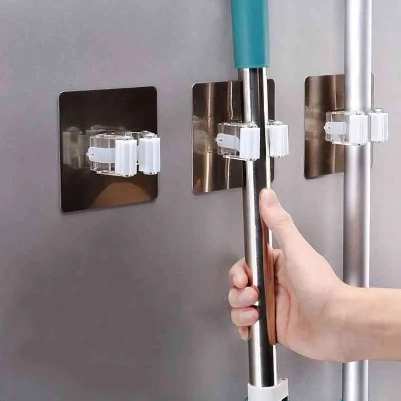 Självhäftande multifunktionskrokar väggmonterad mopparrangör hållare rackbrush kvasten hänger krok kök badrum starkt