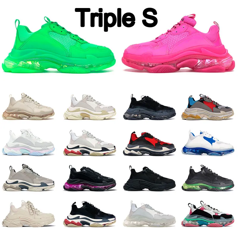 Brand Discount Triple S Designer Running Shoes Mens Womens Black White Beige Clear Sole Neon Green Yellow Rainbow Sports Sneakers Flat Trainers