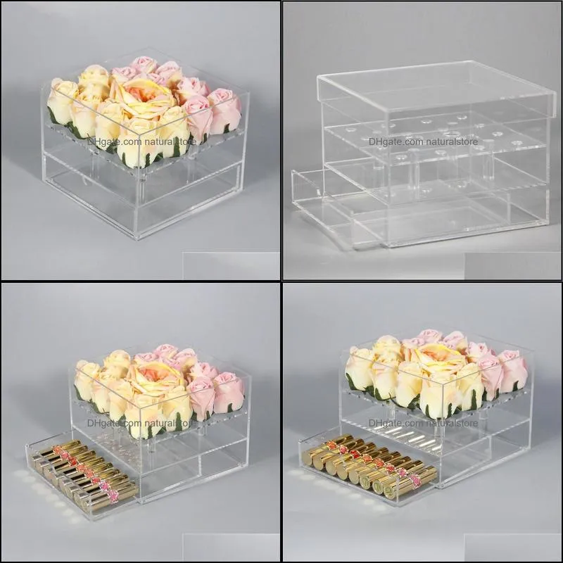 New Clear Acrylic Rose Flower Box With Drawer Makeup Organizer Valentine`s Day Wedding Gift Flower Drawer Box With Cover Wholesale