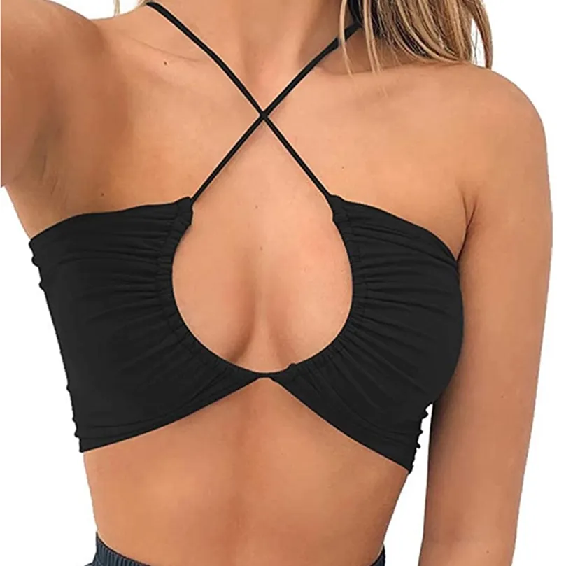 Womens Sexy Criss Cross Lace Up Sling Basic Bow Tie Crop Top 220607