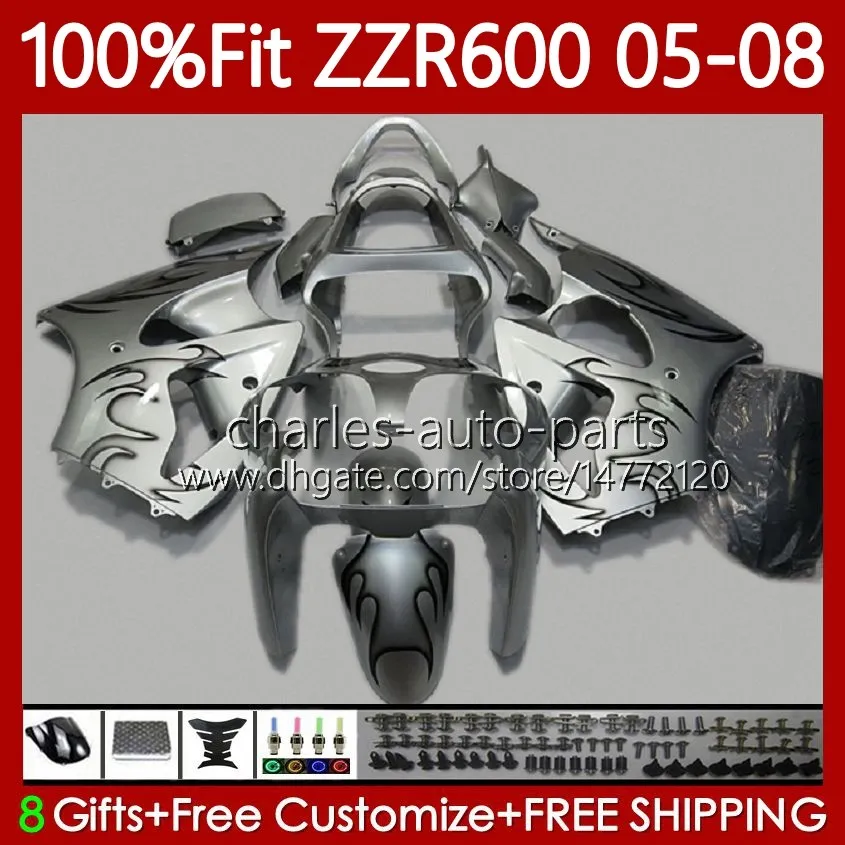 OEM Fairings Kit For KAWASAKI NINJA ZZR600 ZZR-600 Silver flames 600 CC 05-08 Bodywork 134No.190 100% Fit ZZR 600 2005 2006 2007 2008 600CC 05 06 07 08 Injection Mold Body