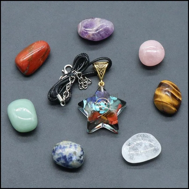 7 chakra set reiki natural stone crystal ornaments moon pentagram irregular rock quartz yoga energy bead chakra healing art craft home