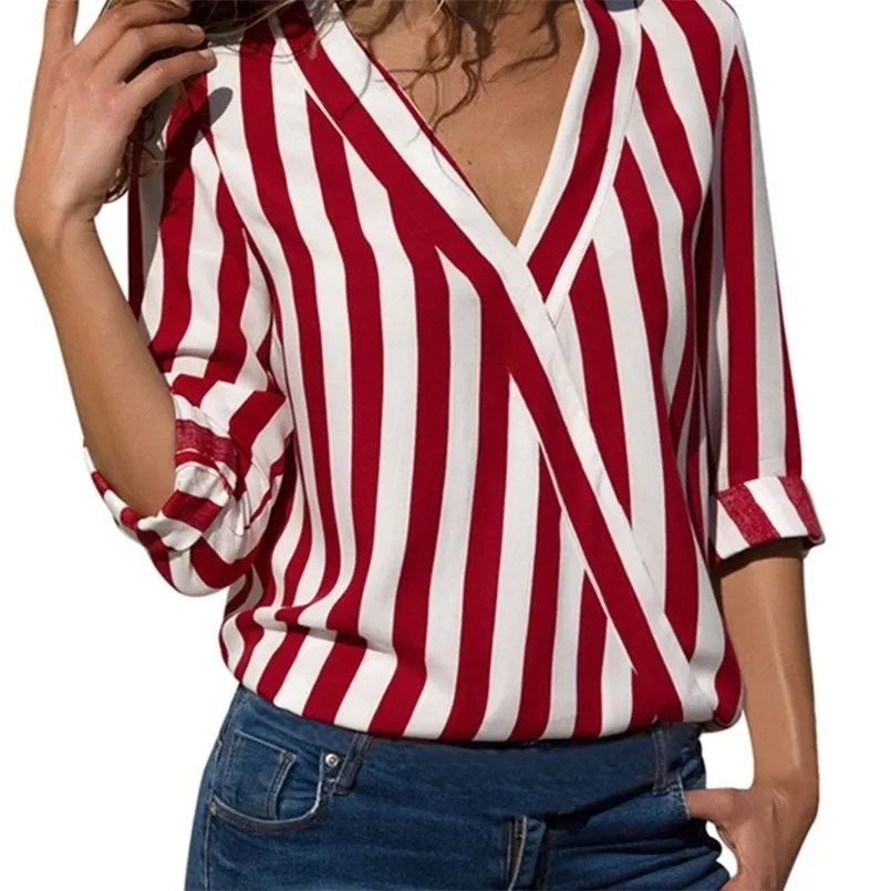 여성 스트라이프 블라우스 v- 넥 롱 슬리브 블라우스 셔츠 캐주얼 탑 작업 마모 시폰 셔츠 플러스 크기 blusas mujer de moda 220530
