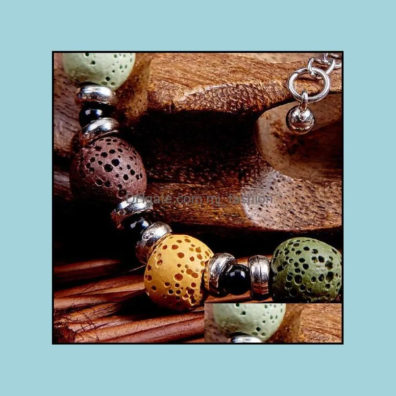 Fashion Bohemian Natural Lava Stone Multicolor Bracelets Bangles For Women Jewelry Silver Plated Essential Oil Diffuser Bracelet