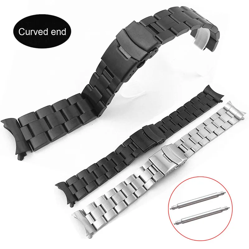 Curved Ends 18mm 20mm 22mm Solid Stainless Steel Watch Band Link Bracelet Wrist Watchband Men Replacement Watch Strap with Pins 220620