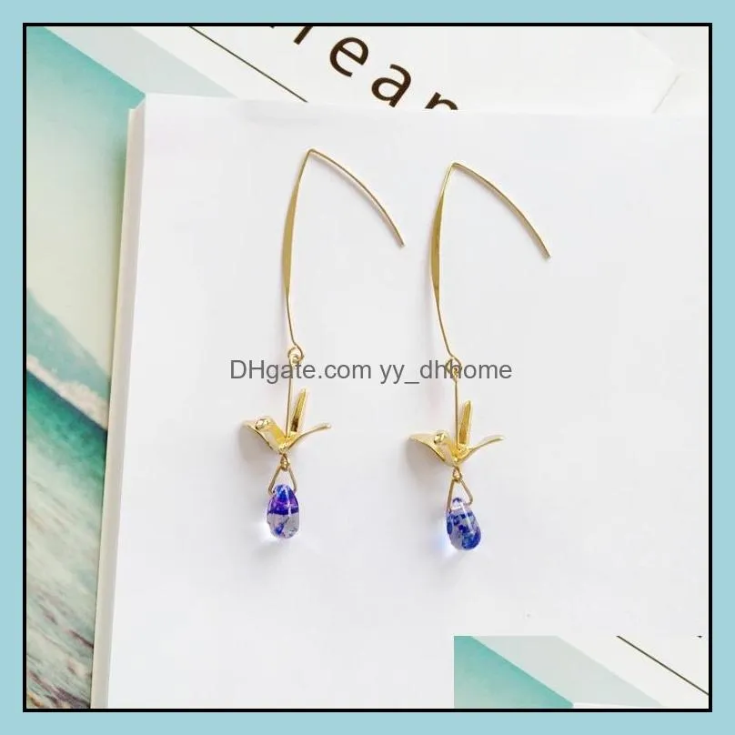2019 Korean Fashion Summer Crystal Earrings With Gold Crane Long Dangle Earrings Personality Little Bird Blue Water Drop Earring