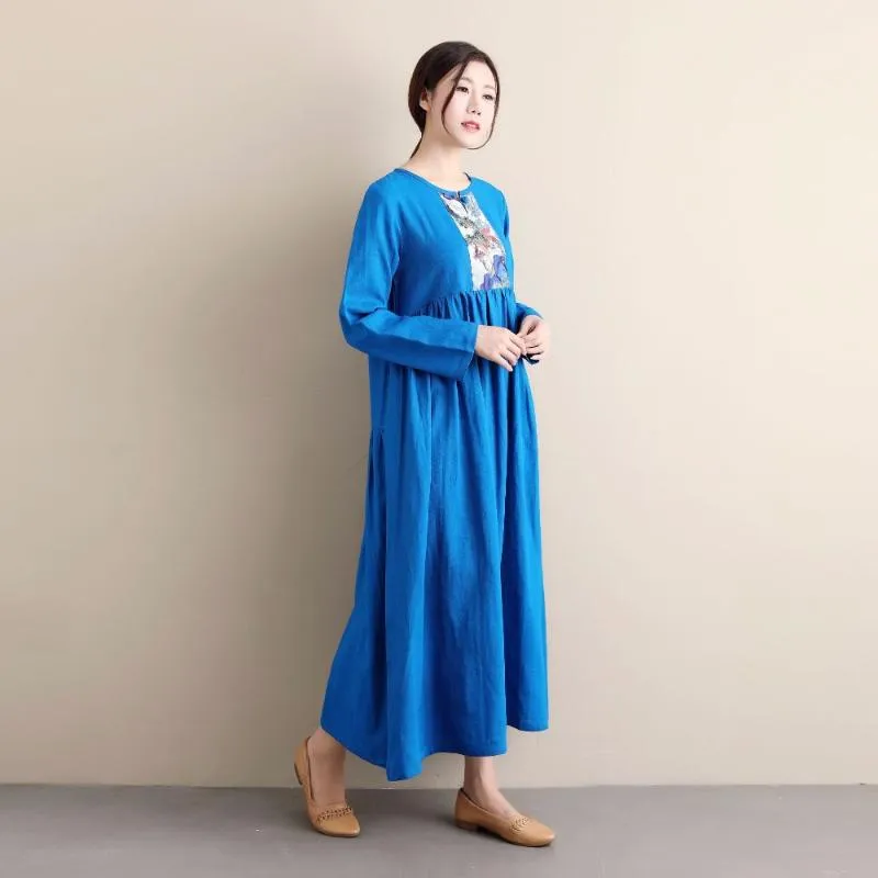 Vêtements ethniques Produits d'été Bleu Blanc Fleur Chinois Antique Robe Florale Col Rond Manches Longues Coton Lin Vintage Robe De Broderie