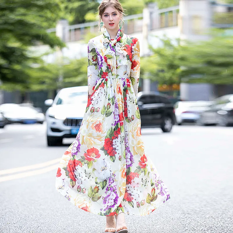 Women s Runway Dress Lace Up Collar Long Sleeves Printed Floral Elegant Fashion High Street Maxi Designer Dresses Vesitdos