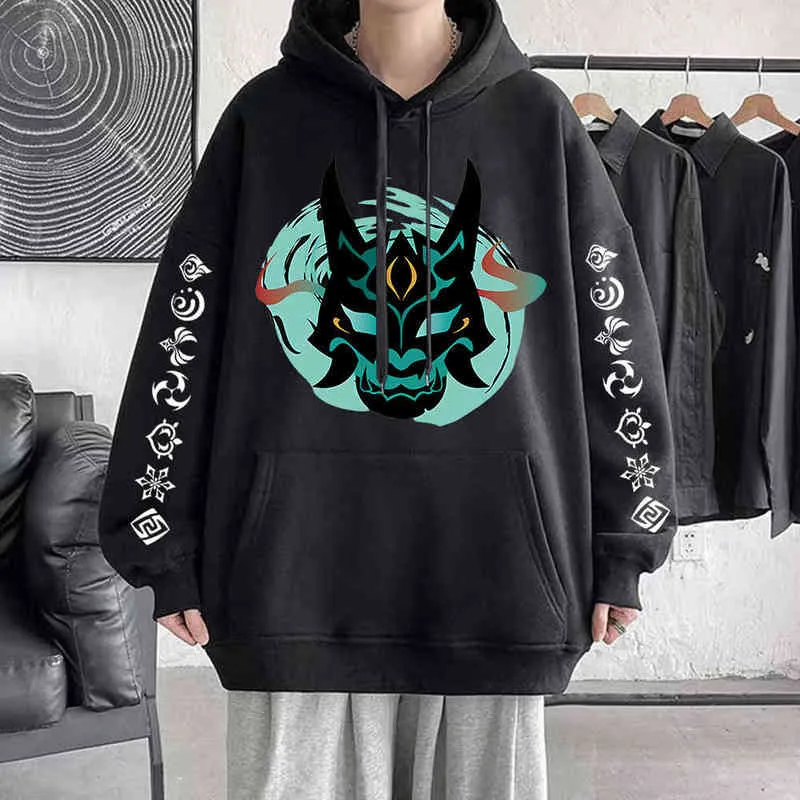 Gioco Genshin Impact Xiao Mask Fangs Stampa grafica Felpe con cappuccio unisex Streetwear Hip Hop Felpa a maniche lunghe Felpa con cappuccio da donna Y220713