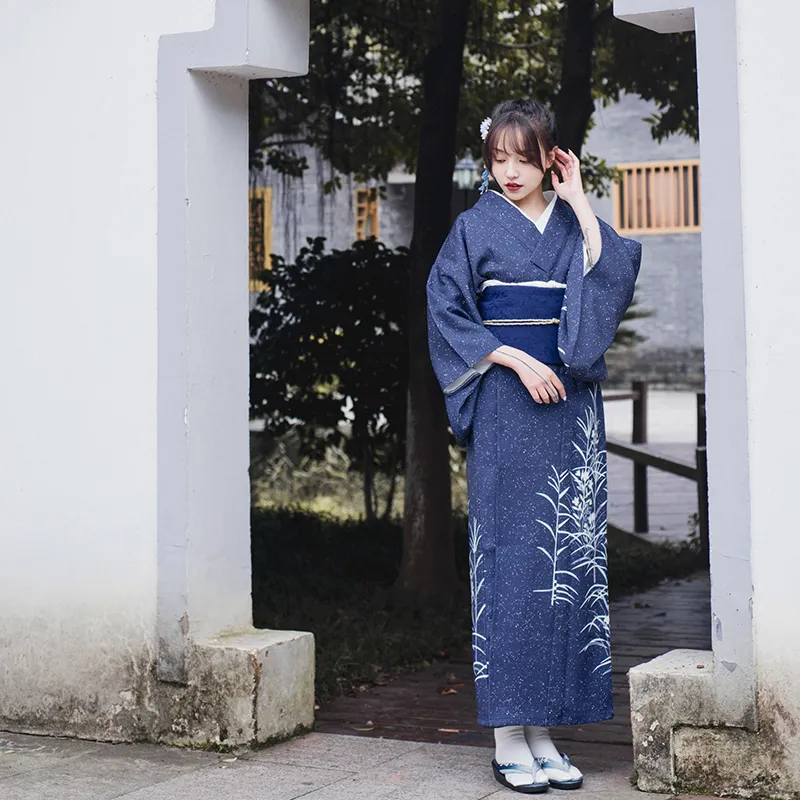 Women ethnic Clothing Traditional Japanese outfit blue kimono elegant V Neck dress vintage Yukata National Trends Asian costume