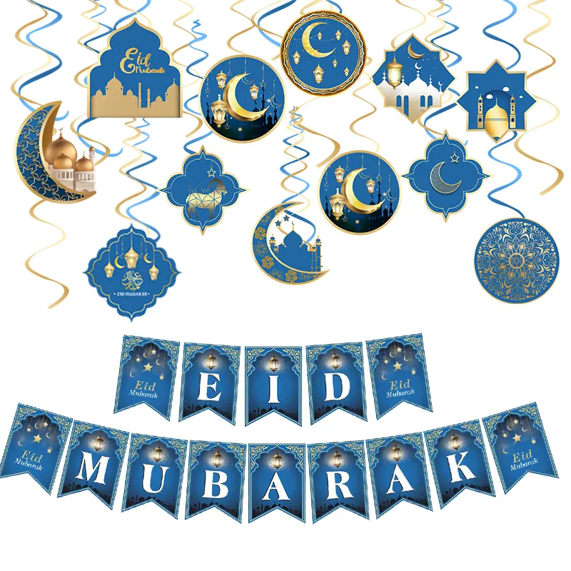 2022 Decoración Ramadan Star Moon Garlands Colgando Swirls Eid Mubarak Banner Ramadan Mubarak Kareem Muslim Eid Party Decoraciones