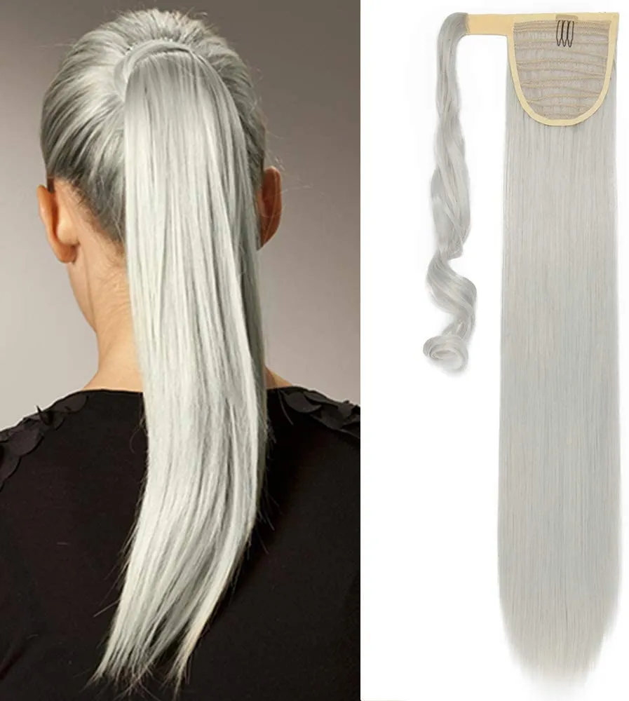 Hästsvansförlängning riktigt mänskligt hår 14 "silkeslen raka höjdpunkter med silvergrå remy jungfru hårstrån hästsvansklipp i ett stycke 120 g/set