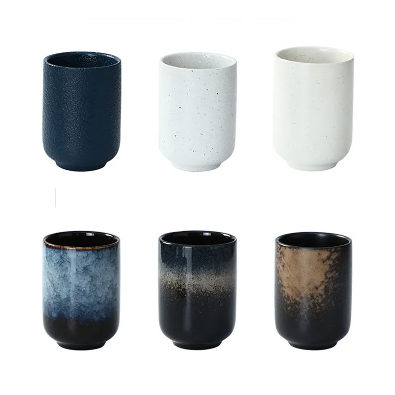 Reactive Glaze Artisan Japanese Tea Cup Tall Ceramic Mug without Handle Yunomi Sushi Teacups 11 oz Blue Black