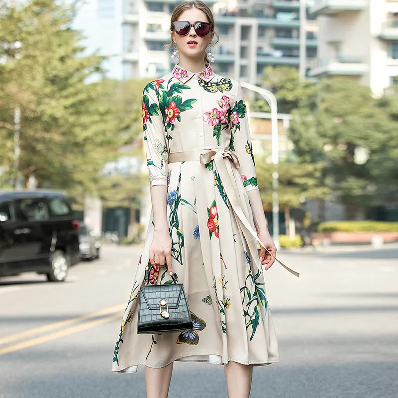 Women's Runway Dresses Turn Down Collar 3/4 Sleeves Printed High Street Fashion Dress with Belt