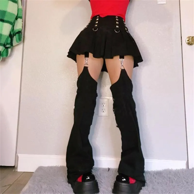 Pantalon Femme Capris Gothique Alt Jupe Cargo Harajuku Techwear Évider Patchwork Jean 90s Streetwear Emo Punk Goth Mall Grunge Pantalon