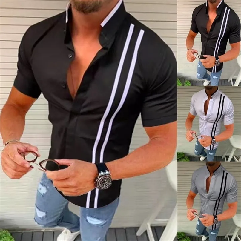 Men Business Shortsleeved Slimfit Formal Stripe Casual Henry nosi koszulę stand -up rozmiar S3XL 220623