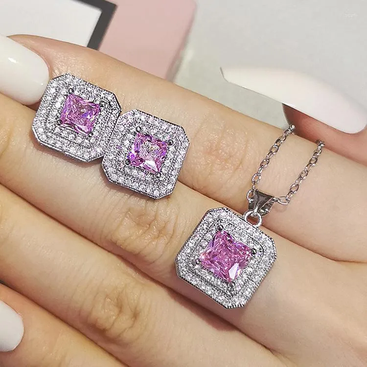 Orecchini Collana Colore argento rosa India Dubai Set di gioielli Taglio principessa Zircone con perno e ciondolo Regali di nozzeOrecchini