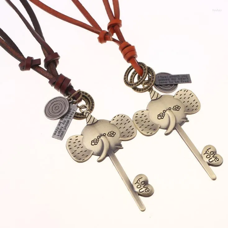 Pendentif Colliers Vintage Mignon Éléphant Collier Rétro Métal Amour Clé Charmes Long En Cuir Chandail Chaîne Bronze Punk Bijoux Pour Femmes Cadeau