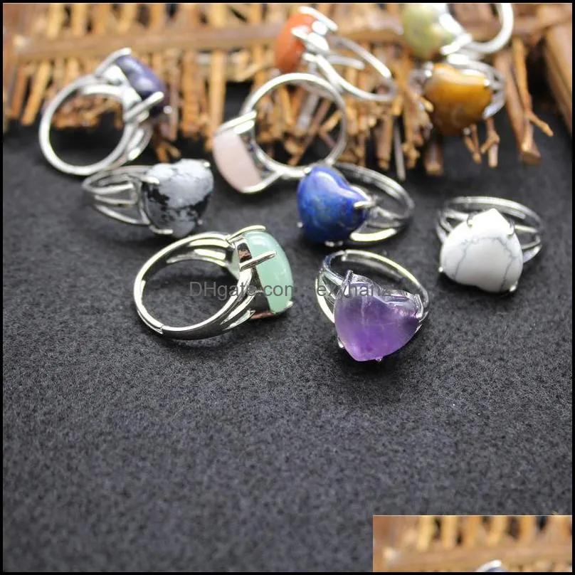 Natural Stone heart Rings Tiger`s Eye Turquoise Lapis Pink Quartz Amethyst opal Crystal Finger Ring For women jewelry