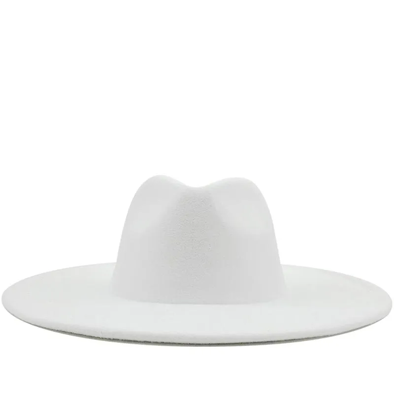 Brede Rand Hoeden Britse Stijl Winter Wol Effen Klassieke Fedora Cap Mannen Vrouwen Panama Jazz Hoed 9.5CM Big White