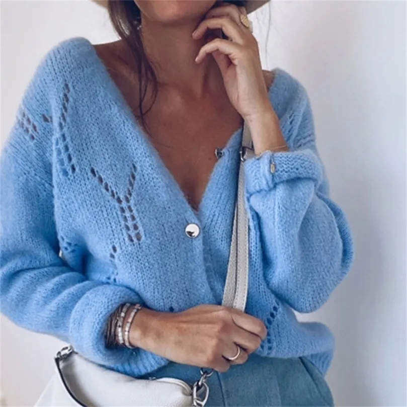 Autumn And Winter Sweater Women V-Neck Long Sleeve Sweater Jacket Casual Solid Button Cardigan Sweaters Outerwear Tops XXL 201223