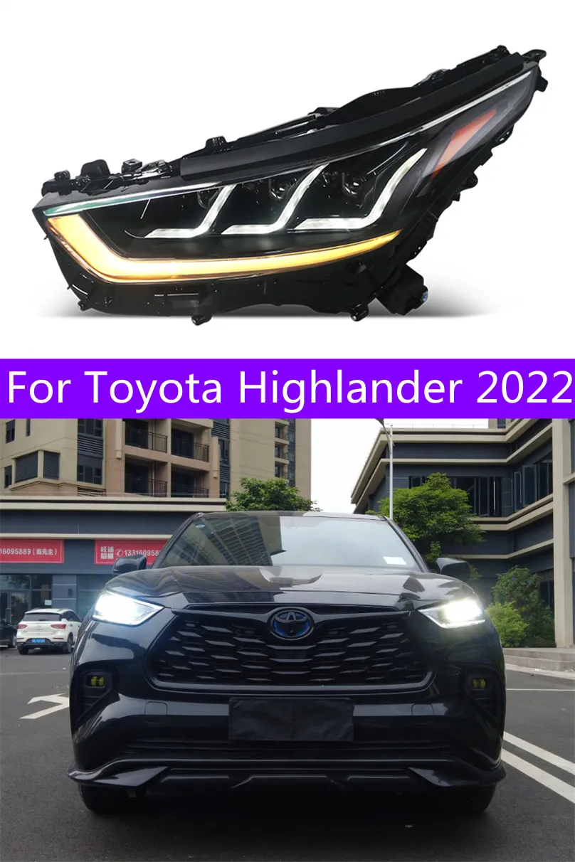 Auto -strålkastare för Toyota Highlander 2022 LED DRL Dual Beam Lens LED Turn Signal Dayme Running Light