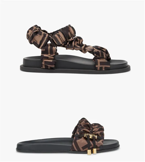 Designer Print Women's Feel Brown Satin Sandals Sciarpa di seta Tessuto Comode morbide pantofole piatte Taglia 35-43