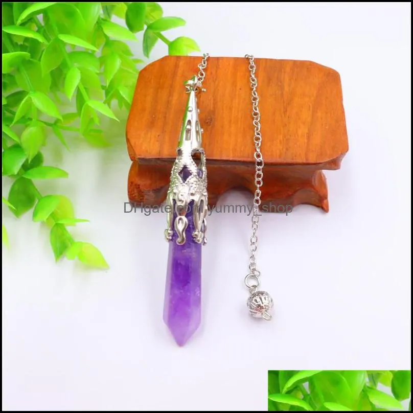 natural stone pendulum hexagonal prism shaped pendant charms 7 chakra chain for divination crystal jewelry charm amulet healing