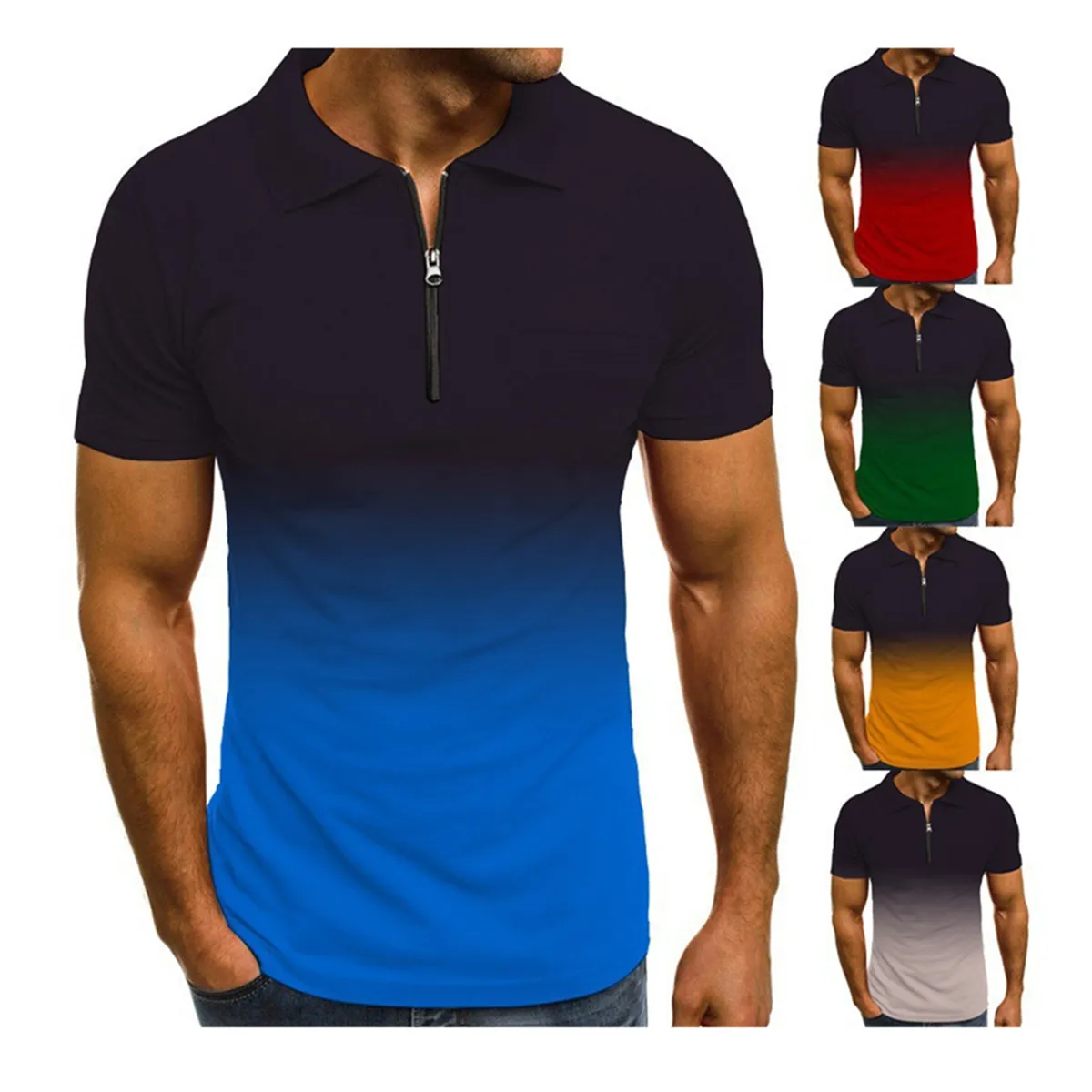 Fashion gradiënt kleuren polos t-shirts voor heren zomer slanke fit rits nek ontwerper korte mouw vintage casual polo shirts polo1