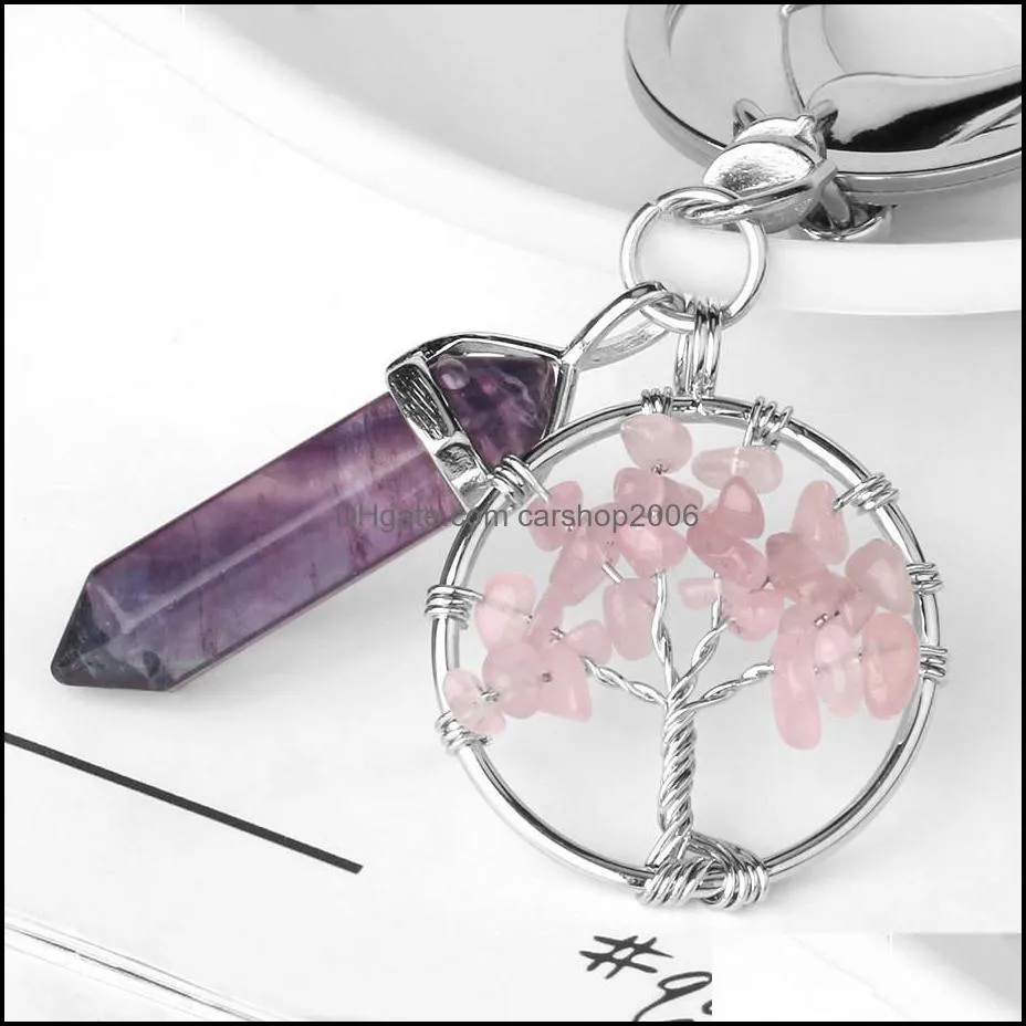 natural stone tree of life key rings fluorite hexagonal prism keychains healing rose crystal car decor keyholder for women carshop2006