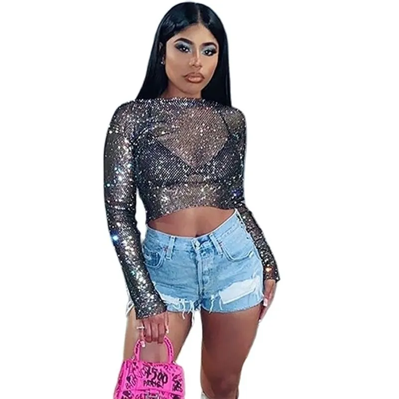 T-Shirt Femme Cristal Brillant Full Transparent Mesh Crop Top Sexy Voir à Travers Slim Manches Longues Femme Chemises 220516