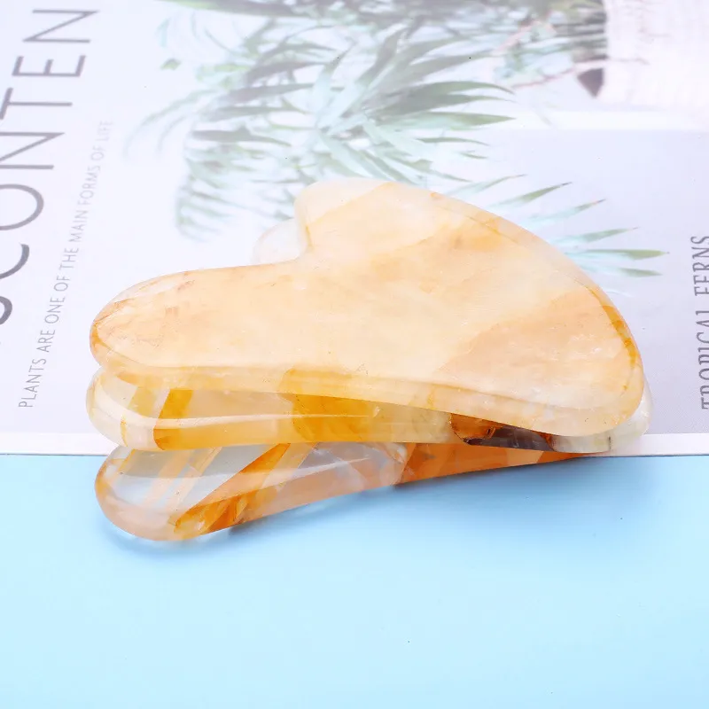 Giada di cristallo giallo naturale a forma di B Massaggio di bellezza Gua sha pietre Massaggiatore sottile per il viso Face-lift Guasha Scraping board