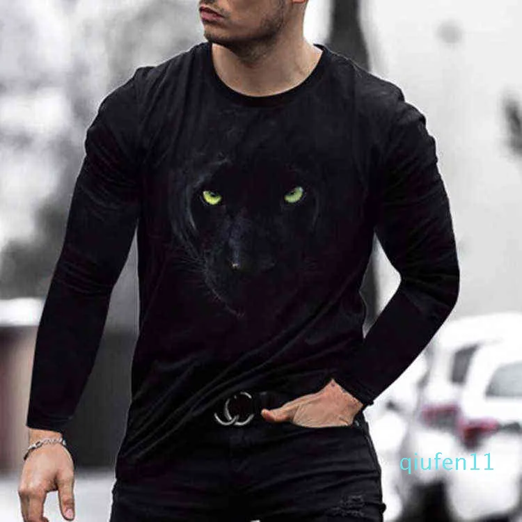 2022-Long Sleeve T-shirt ، Black Panther Digital Print للرجال ، تي شيرت صيفي فضفاض بياقة مستديرة