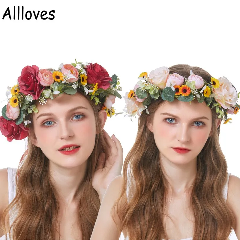 Bröllop Garland Peony Flower Crown Headpieces Spring Summer Women Bride Bridesmaid Pink Floral Hairband Bohemian Beach Wedding Party Stretchy Headwear CL0490