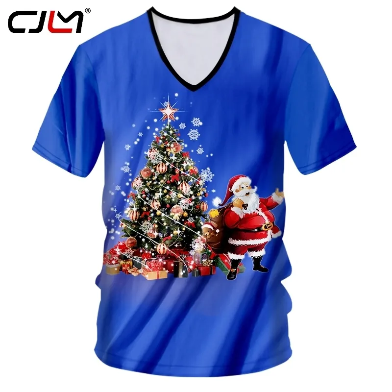 A listagem Mens Roupas 3D Impresso Árvore de Natal e Papai Noel Colorido Homem Casual Tamanho Grande V Pescoço Camiseta 220623