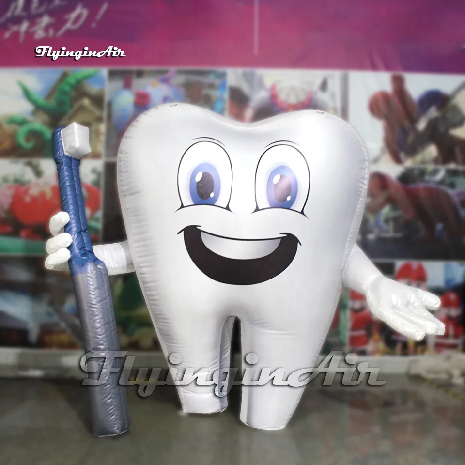 Reclame opblaasbare tandballon 2m / 3m gigantische witte tandvormige cartoon mascotte figuur Dental model met tandenborstel voor evenement