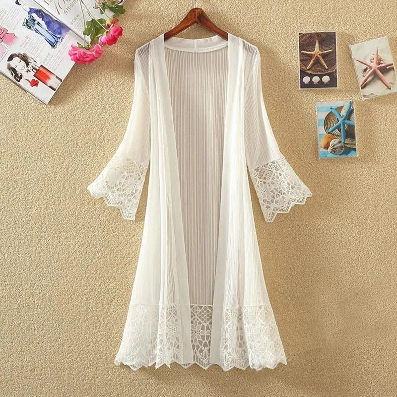 Women's Blouses & Shirts Women Chiffon Tunic Kimono Cardigan Lace Long Shirt Hollow Out Loose Ladies Cardigans 2022 Spring Summer Female