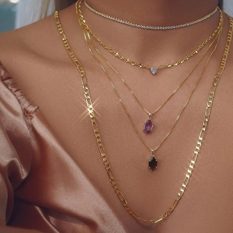 Fashion Vintage Simple Geometric Hexagon Color Crystal Pendant Collar Necklace For Women Female Gold Thin Chain Jewelry Gift