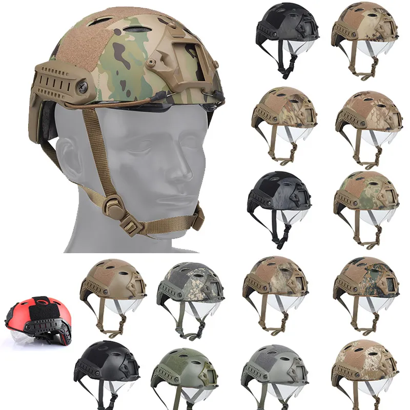 Equipo para exteriores Airsoft Paintabll Shooting Camo Casco Protección para la cabeza ABS PJ Casco táctico rápido con gafas NO01-004