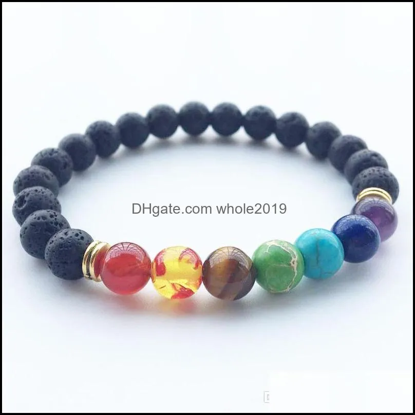 hot natural black lava stone bracelets energy 7 reiki chakra healing balance 8mm colorful beads bracelet for men women stretch yoga