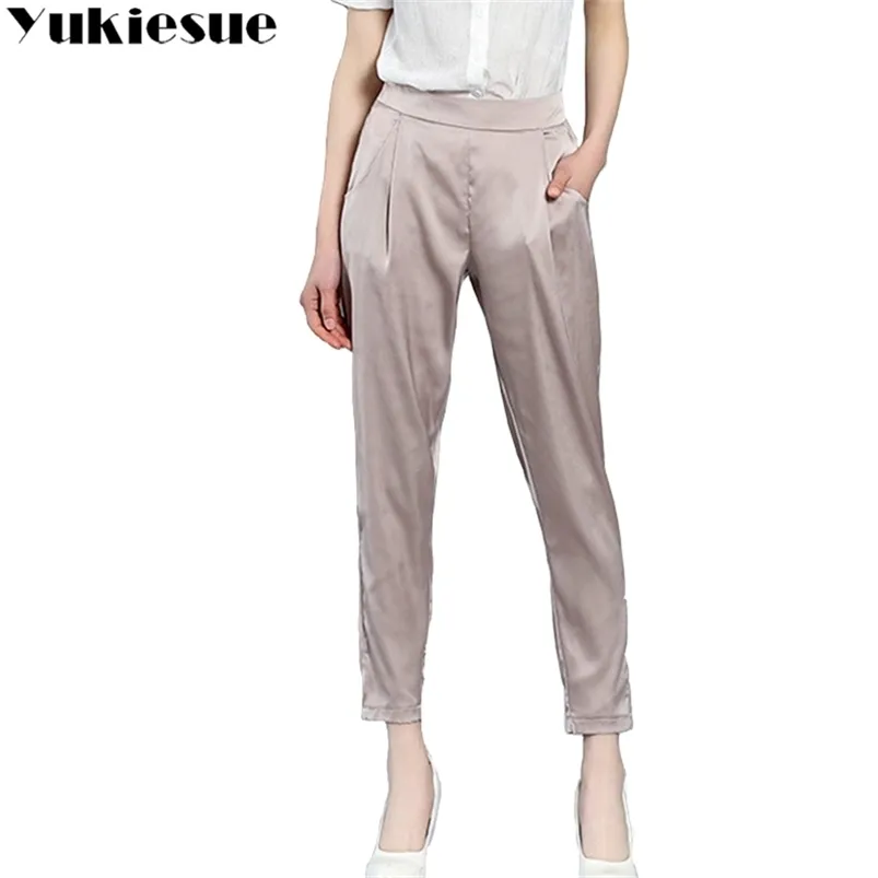 Taille haute en mousseline de soie sarouel solide soie OL bureau pantalon décontracté femme pantalon rayonne Plus la taille 4XL lâche cheville longueur pantalon 210412