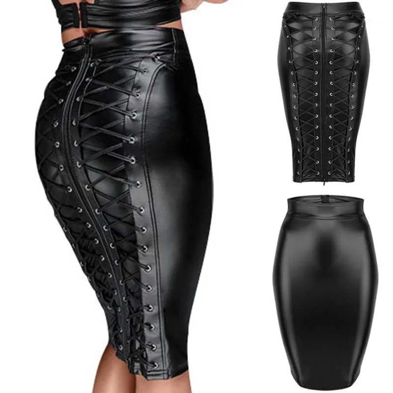 Skirts High Waist Pu Leather Women Back Lace Up Zipper Pencil Mini Skirt Gothic Punk Streetwear Office Lady Black Short